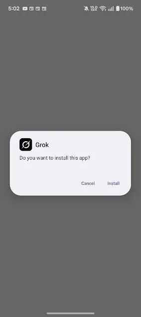 Android install dialog asking to install the official Grok app