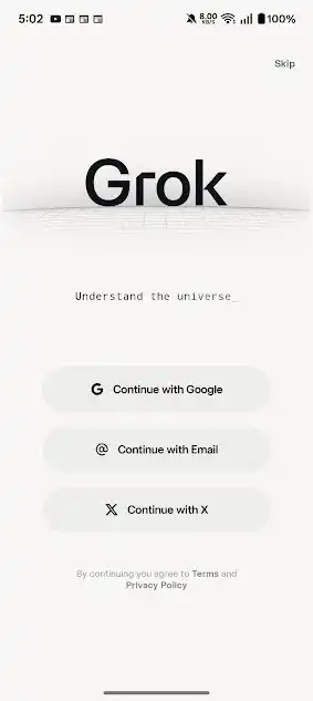Grok sign-in screen with Continue with Google, Email and X options