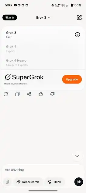 Grok model selector showing Grok 3, Grok 4, Grok 4 Heavy and the SuperGrok upgrade